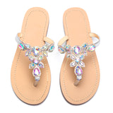 Women Silver Jeweled Hand Crafted Crystal Flip Flops Rhinestones Flats Sandals