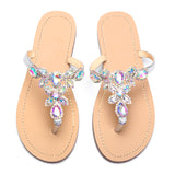Women Silver Jeweled Hand Crafted Crystal Flip Flops Rhinestones Flats Sandals