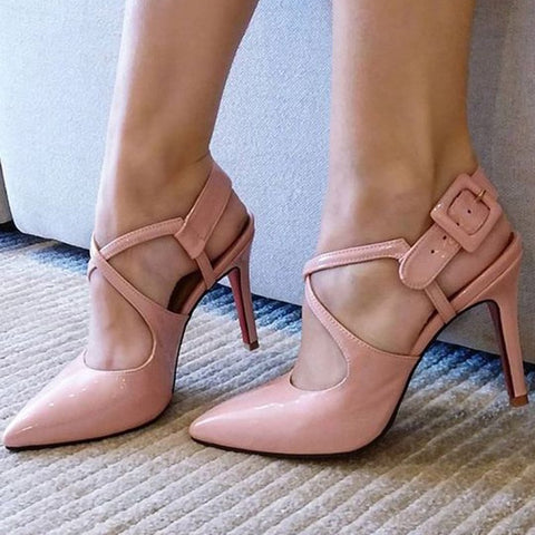 azmodo Pink Buckle Strap Pointed Toe Stiletto Heels