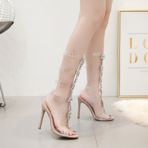 azmodo Bohemia Style Summer Flats Sandal Gladiator Gold Rhinestone Knee High Buckle Strap Woman Boots Crystal Beach Shoes Plus size 43