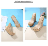 Woman Fashion Transparent PVC Platform Sandals Wedge High Heels Wood Heels Sandals Slip on Shoes