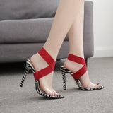 azmodo 2019 New Fashion Flock Pointed Toe Open Thin High Heels Sandals Gladiator Leopard Print Sexy Party Dress Women's Shoes