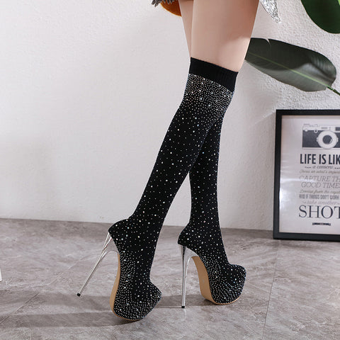 Stretch Fabrics Spike Heel Women Autumn Spring Long Boots Bling Bling Rhinestone Over The Knee Boots