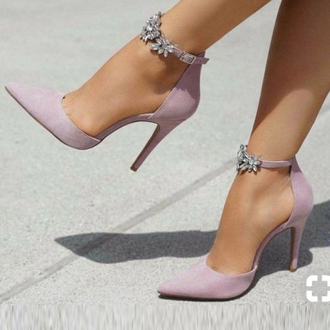 azmodo Purple Pointed Toe Rhinestone Line-Style Buckle Stiletto Heels