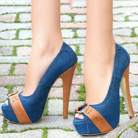 azmodo Blue Denim Peep Toe Stiletto Heel Pumps