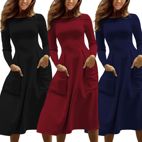 Autumn and winter long-sleeved solid color round neck zipper pocket dress