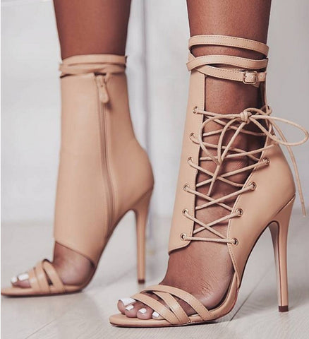 Roman Buckle strap Shoes Women Sandals Sexy Gladiator Lace up Peep Toe Sandals High Heels Woman Ankle Boots