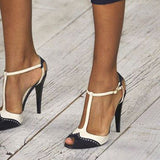 azmodo  Black and White Two Tone Patchwork T Strap Stiletto Heels