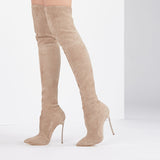 azmodo Suede Pointed Toe Stiletto Heel Thigh High Boots