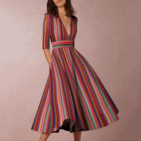 Multicolor Sexy Deep V-Neck Solid Midi Skater Dress