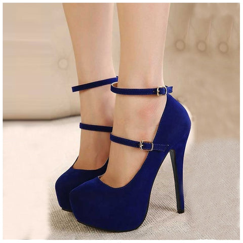 azmodfo Blue Suede Ankle Wrap Platform Heels