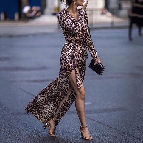 Sexy Leopard Print Side Vented Long Sleeve Maxi Dress