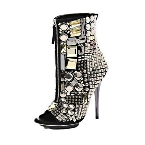 azmodo Rhinestone Peep Toe Stiletto Heel Boots