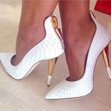 azmodo White Alligator Pattern Zipper Cone Heel Banquet Stiletto Heels
