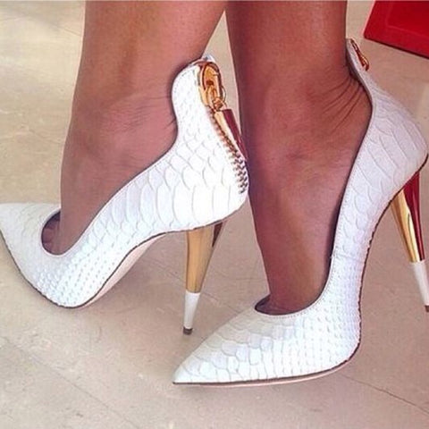 azmodo White Alligator Pattern Zipper Cone Heel Banquet Stiletto Heels