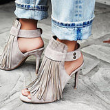 AZMODO Stylish Buckle Peep Toe Stiletto Heel Fringe Sandals
