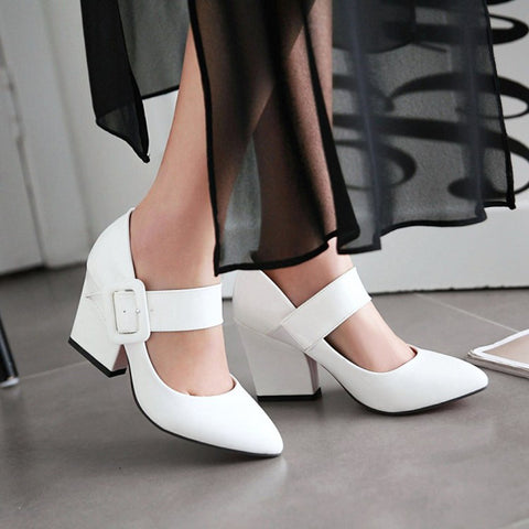 Women Shoes White Pointed Toe Pump High-Heeled Vintage Mary Jane  Thick Heel