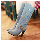 Chic Denim Low Heel Knee High Boots with Buckle