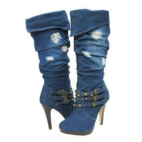 azmodo Special Denim Buckle High Heels Boots