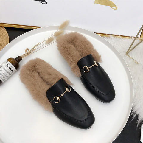 Women Rabbit Fur Slides Girls Mules Slip On Slides Flat Heels  Furry Slipper Slipony Mule Sandals Shoes Low with rabbit fur half slippers lazy shoes women's shoes classic fashion wear(run small, please choose larger size)