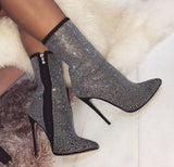 Women Ankle Boots Plus Size Rhinestones High Heels Shoes Woman Zip Pointed Toe Sexy Motorcycle Boots For Females