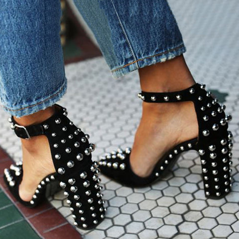 AZMODO Black Round Rivet Chunky Heel Pointed Toe Stiletto Heels