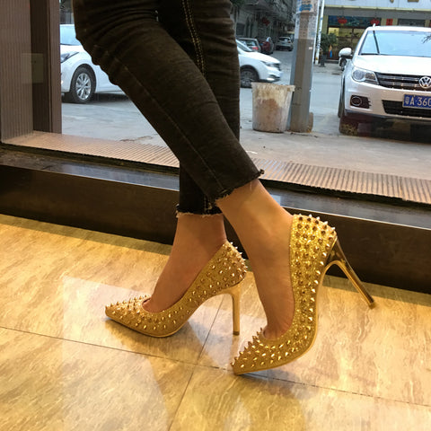 Sequined rivets high heel stiletto shallow pointed single shoes female