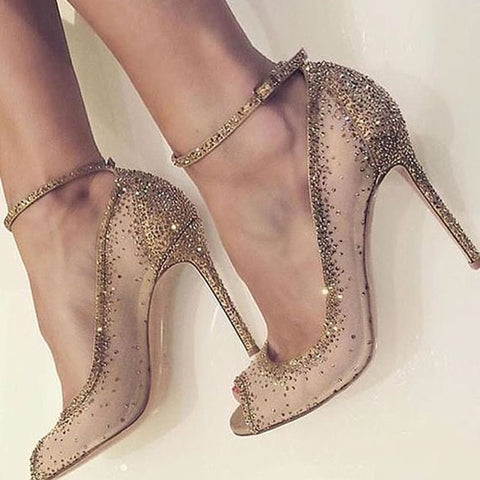 Line-Style Buckle Banquet Rhinestone Peep-toe Stiletto Heels T13