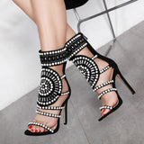 Women Strappy High Heels Gladiator Stilettos Peep Toe Embellished Rhinestone Jeweled Sandals