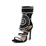 Women Strappy High Heels Gladiator Stilettos Peep Toe Embellished Rhinestone Jeweled Sandals