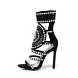 Women Strappy High Heels Gladiator Stilettos Peep Toe Embellished Rhinestone Jeweled Sandals