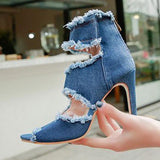 Denim Worn Zipper Peep Toe Stiletto Heels