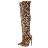 azmodo Leopard Pointed Toe Fashion Thigh High Boots