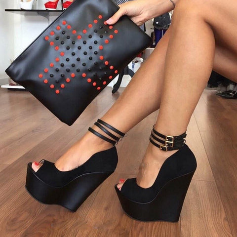 azmodo  Peep Toe Line-Style Buckle Wedge Heels