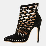 AZMODO Sexy Black Rivet Side Zipper Pointed Toe Stiletto Heels