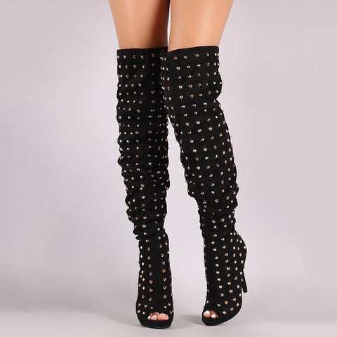 azmodo Peep Toe Hollow Rivet Thigh High Boots