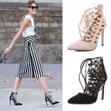 Female High Fashion Ankle Sandals Chunky Block Medium Heel Pointed suede straps Pointed Toe femme Sexy Ladie Shoe Women
