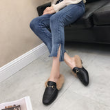 Women Rabbit Fur Slides Girls Mules Slip On Slides Flat Heels  Furry Slipper Slipony Mule Sandals Shoes Low with rabbit fur half slippers lazy shoes women's shoes classic fashion wear(run small, please choose larger size)