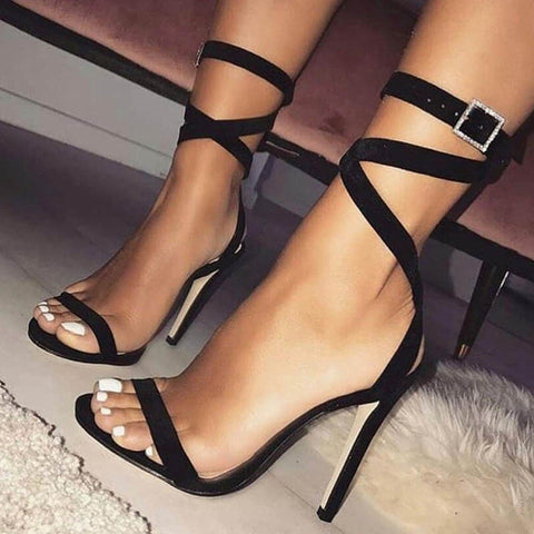 AZMODO Beaded Black Sexy Ankle Strap Stiletto Heels