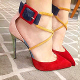 azmodo Cute Pointed Toe Buckle Suede Stiletto Heels