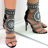 Women Strappy High Heels Gladiator Stilettos Peep Toe Embellished Rhinestone Jeweled Sandals