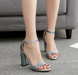 Glittering womens high heels sandals for summer flock buckle chunky heel multicolor fashion party dress ladies shoes sandalias