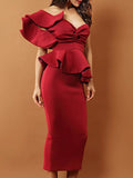 Red Falbala Ruffle Sleeve Off Shoulder Bodycon Dress