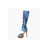 azmodo  Sexy Denim Flower Print Knee High Boots