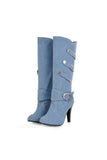 Chic Denim Low Heel Knee High Boots with Buckle