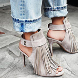 AZMODO Stylish Buckle Peep Toe Stiletto Heel Fringe Sandals