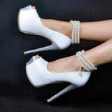 White Pearl Ankle Strap High Stiletto Heels