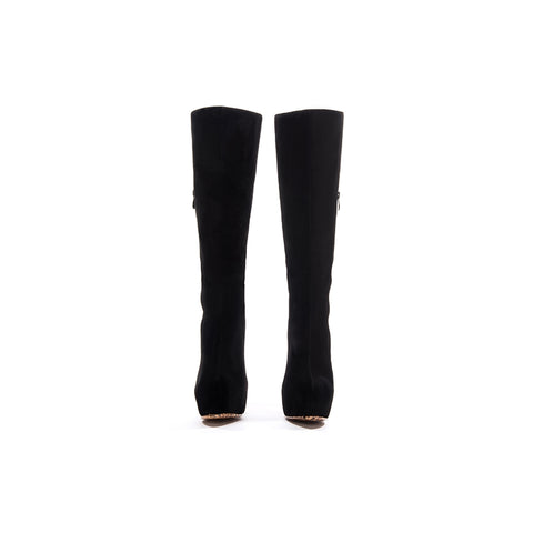 Sexy Black Suede Platform Leopard Grain Sole Knee High Boots