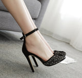 Nude pink rhinestone princess shoes high-heeled side empty word with women's shoes