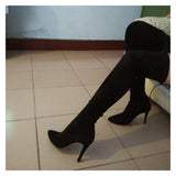azmodo  Black Suede Stiletto Heel Thigh High Boots